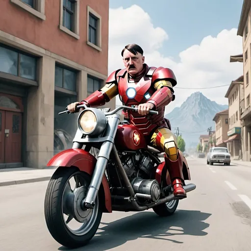 Prompt: Hitler wearing an iron man suit while doing a drive by at tilted towers 
