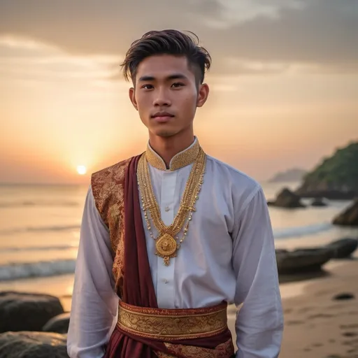 Prompt: A photorealistic portrait of a 20 year-old male model from Myanmar, exuding a chill vibe, adorned in a traditional Myanmar formal dress. He stands confidently against a serene sunset backdrop near the ocean, with soft lighting that enhances the intricate details of his attire. The composition captures him in a mid-shot, 8K HDR, aiming for exceptional detail and ambiance."