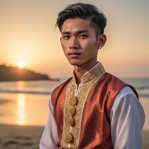 Prompt: A photorealistic portrait of a 20 year-old male model from Myanmar, exuding a chill vibe, adorned in a traditional Myanmar formal dress. He stands confidently against a serene sunset backdrop near the ocean, with soft lighting that enhances the intricate details of his attire. The composition captures him in a mid-shot, 8K HDR, aiming for exceptional detail and ambiance."