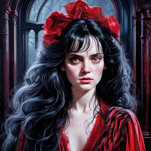Prompt: Portrait of woman with Long black hair and fringe, dark woods, perfect composition, hyperrealistic, super detailed, 8k, high quality, trending art, trending on artstation, sharp focus, studio photo, intricate details, highly detailed, by greg rutkowski