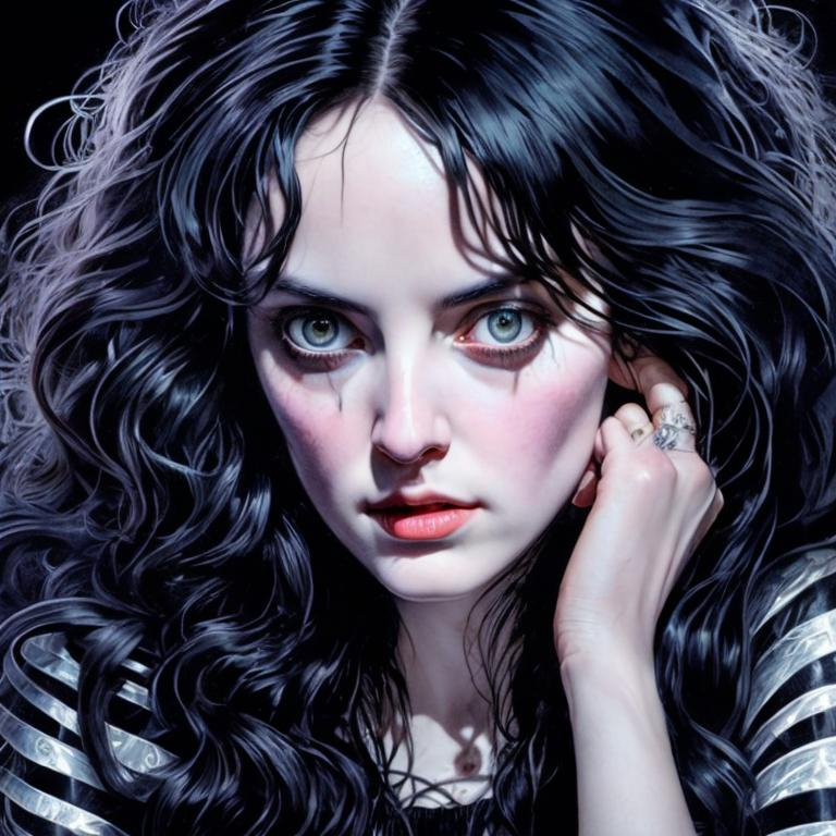 Prompt: Portrait of woman with Long black hair and fringe, dark woods, perfect composition, hyperrealistic, super detailed, 8k, high quality, trending art, trending on artstation, sharp focus, studio photo, intricate details, highly detailed, by greg rutkowski