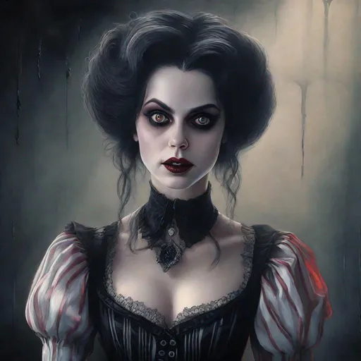 Prompt: fantasy art, oil painting, a pretty vampire woman, half body, dark atmosphere, melancholic, portrait, highest quality, masterpiece, professional, hyperdetailed, ultra-realistic, UHD, soft render,  Intricate details, very beautiful, delicate face, realistic sharp eyes, staring into the camera Lydia Deetz Beetlejuice Suzy Bannion Suspiria. Dark long hair, winona ryder
