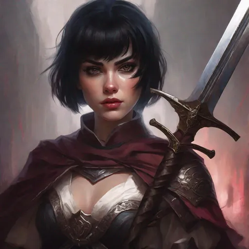 Prompt: fantasy art, oil painting, a cute young female necromancer, burgundy eyes pupils and lips, pale skin, short black hair with fringe, skinny, light armor, greatsword, confident expression, two thirds body, very muted dessert background,  dnd character portrait, cinematic, fierce, devious, dangerous, bad girl, commander