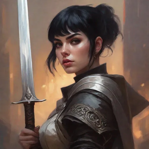 Prompt: fantasy art, oil painting, a cute young female necromancer, pale skin, short black hair with fringe, skinny, light armor, greatsword, confident expression, two thirds body, muted dessert background,  dnd character portrait, cinematic, fierce, devious, dangerous, bad girl, commander