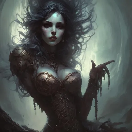 Prompt: fantasy art, oil painting, a pretty necromancer human woman, half body, melancholic, portrait, highest quality, masterpiece, professional, hyperdetailed, ultra-realistic, UHD, soft render, gothic, adventure 