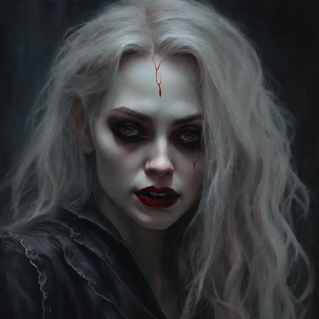 Prompt: fantasy art, oil painting, a pretty vampire woman, half body, dark atmosphere, melancholic, portrait, highest quality, masterpiece, professional, hyperdetailed, ultra-realistic, UHD, soft render, dread, hunger, sad, depressing, gothic, horror, dark fantasy, style of vampire,