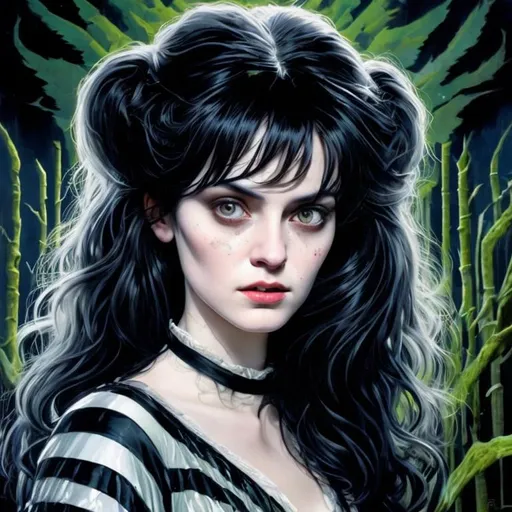 Prompt: Portrait of woman with Long black hair and fringe, dark woods, perfect composition, hyperrealistic, super detailed, 8k, high quality, trending art, trending on artstation, sharp focus, studio photo, intricate details, highly detailed, by greg rutkowski