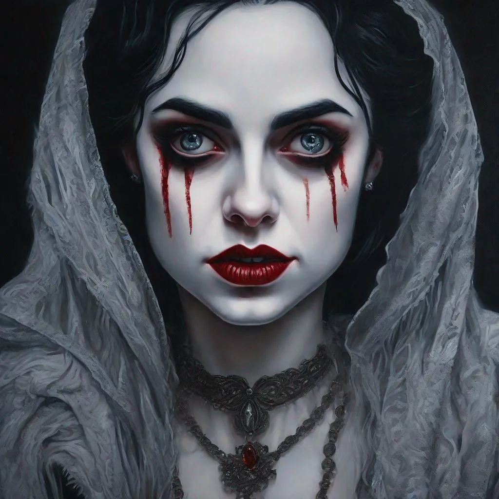 Prompt: fantasy art, oil painting, a pretty vampire woman, half body, dark atmosphere, melancholic, portrait, highest quality, masterpiece, professional, hyperdetailed, ultra-realistic, UHD, soft render,  Intricate details, very beautiful, delicate face, realistic sharp eyes, staring into the camera Lydia Deetz Beetlejuice Suzy Bannion Suspiria. Dark long hair, winona ryder