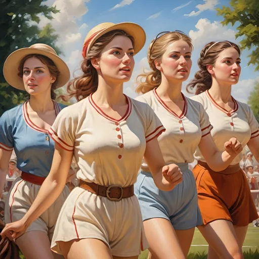 Prompt: Summer outdoor scene depicting women in history and sports, vibrant and energetic, oil painting, detailed facial features, historical costumes, athletic poses, sunny and warm lighting, high quality, oil painting, vibrant colors, historical, energetic, detailed faces, athletic, outdoor, sunny lighting