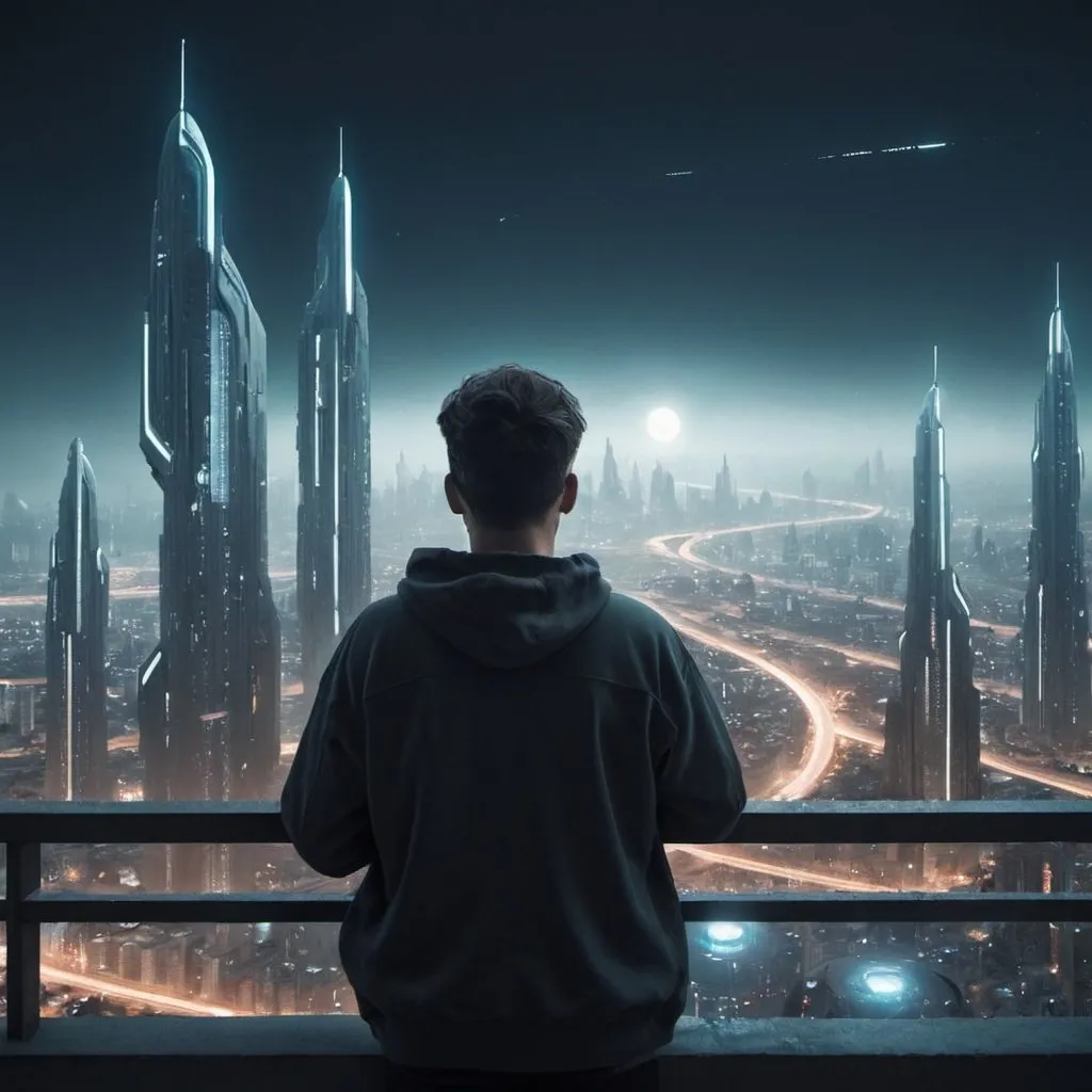 Prompt: Me watching futuristic city from the balcony