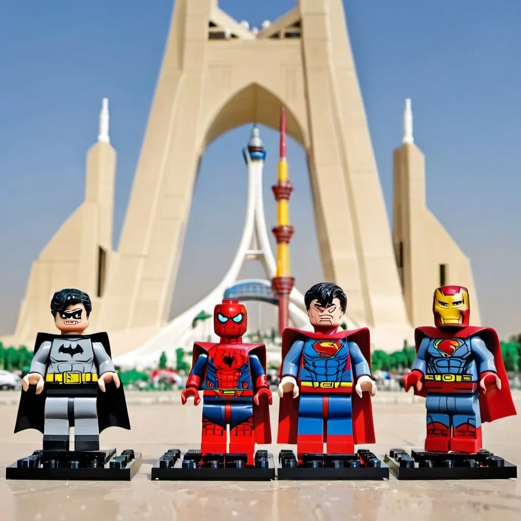 Prompt: Some Legos of spiderman and Batman and Superman and ironman heroes with the background of the azadi Tower