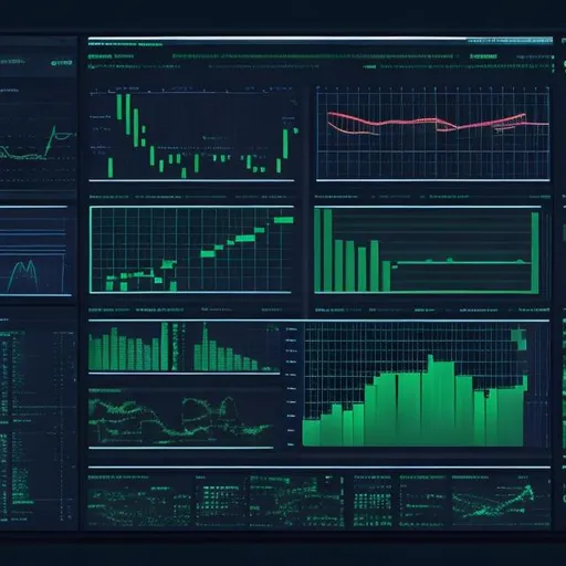Prompt: Screen with statistical data, charts and programming code.

Dark, futuristic style.

