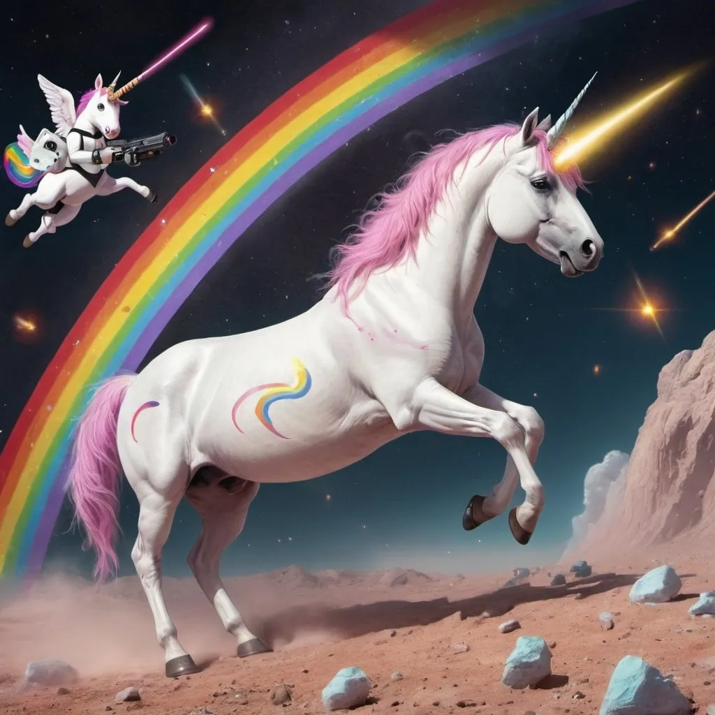 Prompt: A unicorn in space shooting laser guns while crying rainbows.