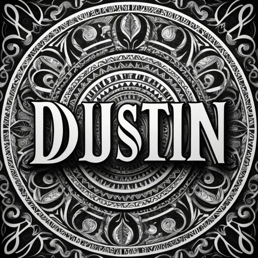 Prompt: Optical illusion of the name Dustin, that spells liar when turned upside downEnglish word art, tribal style, high contrast, detailed patterns, bold lines, black and white, intricate design, precise execution, symbolic elements, high quality, misc-tribal, detailed lettering, intriguing composition, precise symmetry, professional craftsmanship, sharp edges, clean finish, bold and impactful, monochromatic, dramatic shadows