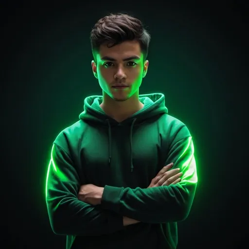 Prompt: Create an image of a person standing with arms crossed in a similar style to the provided reference image. The person should be centered, with a glowing green halo effect around them, creating a vibrant and modern look. The background should be removed, and the person should be wearing a black hoodie. Ensure the lighting and shadows match the original style, with the glow effect blending naturally into the scene. The overall vibe should be confident and professional. The background should be a neon green fluorescent color with a radial gradient. The person should have a natural pose with a confident facial expression. Use a realistic illustration style, focusing on details such as shadows and lighting. Add a slight blur effect on the edges to harmonize the image with the glowing background. I need to the background to be transparent.