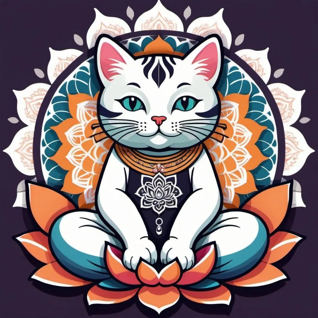 Prompt: cute cat sitting in meditation posture on lotus flower, mandala background, symmetrical, flat icon design, graffiti art.