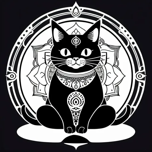 Prompt: cute studio ghibli cat sitting in meditation posture, mandala background, symmetrical, minimalist logo design