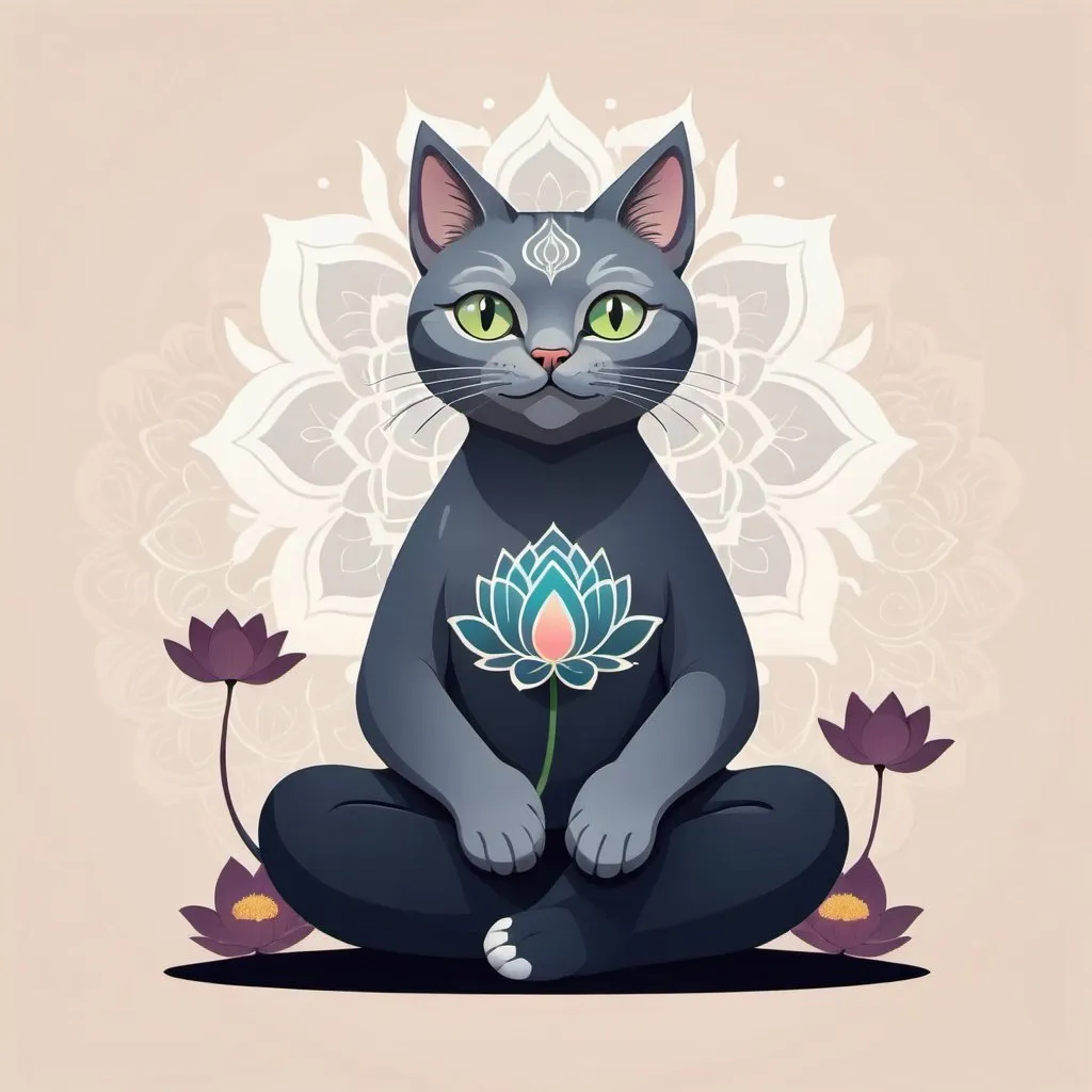 Prompt: cute studio ghibli grey cat sitting in meditation posture on lotus flower, mandala background, symmetrical, flat icon design, psychedelic.