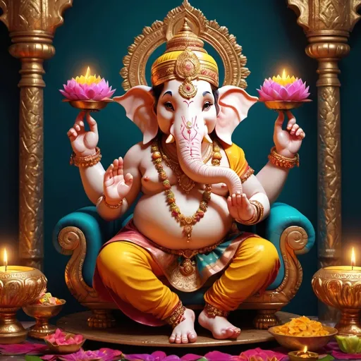 Prompt: vibrant 3D illustration of Ganesha, adorned with intricate gold jewelry and a colorful floral garland, sitting gracefully on a lotus throne. Beside him, a cute devotee with big, expressive eyes and a joyful smile, wearing a traditional kurta with playful patterns, holding a plate of sweets. The scene is filled with soft, glowing lights and rich textures, creating a warm and inviting atmosphere. UHD, 8K, digital art, trending, photo-realistic, intricate details.