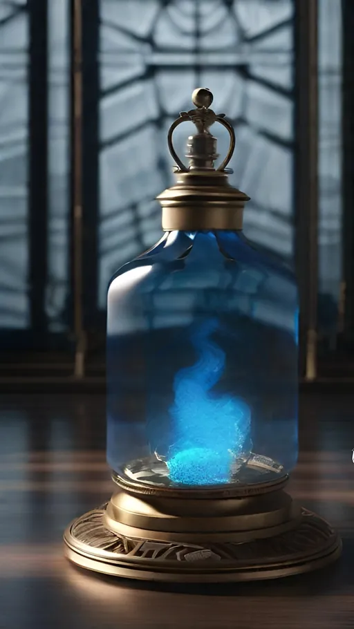 Prompt: Glass cylinder in a complex metal armature, containing swirling glowing blue smoke, faceted and intricate glass bottle, complex locking sealed top. Occult dark-background, smoke-filled room, steampunk, octane render, 16k