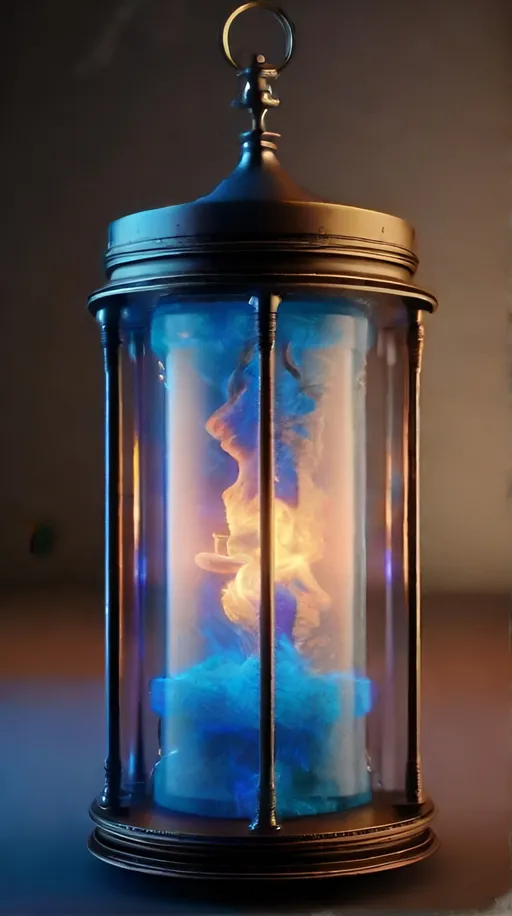 Prompt: An antique glass cylinder bound in a complex metal armature and a complex locking sealed top, containing swirling glowing blue smoke. Occult dark-background, smoke-filled room, steampunk, octane render, 16k