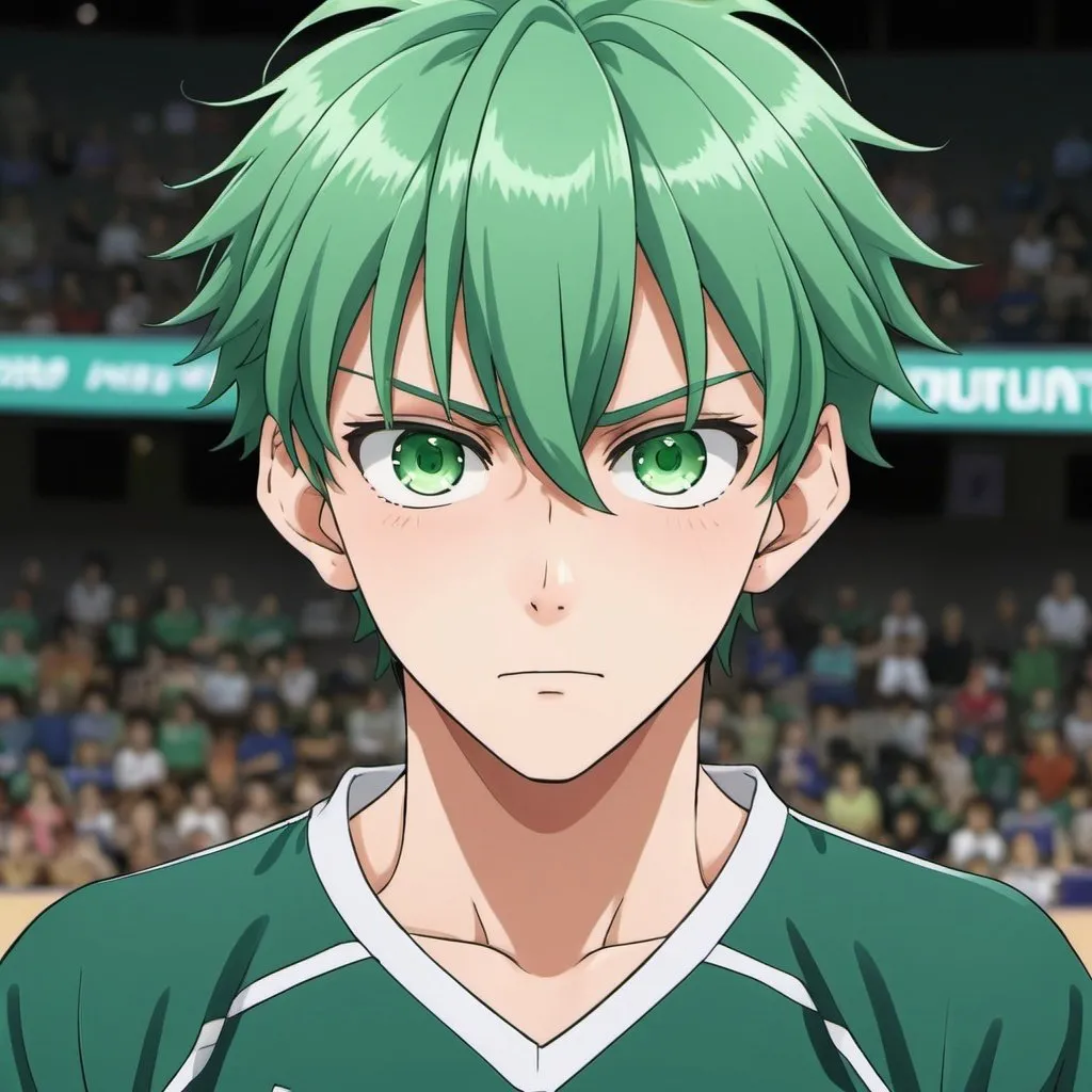 Prompt: one voleyball boy player with green hair and green eyes doing a hard headline anime version
