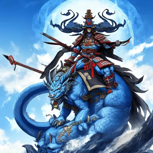 Prompt: a powerful samurai sitting on a blue celestial dragon while holding bloody katana high quality with high hp
