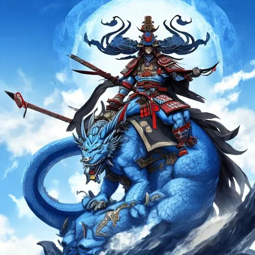 Prompt: a powerful samurai sitting on a blue celestial dragon while holding bloody katana high quality with high hp
