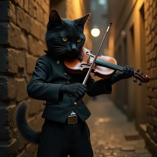 Prompt: A lifelike black cat wearing pants and playing a fiddle at night in a back alley set in the victorian era.
