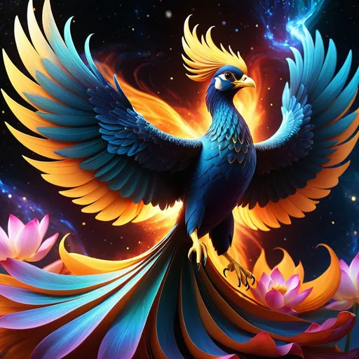 Prompt: a full body phoenix bird is born from a ((mystic mist from the lotus flower)), (((((extremely detailed illustration of a diffuse hallucinating flowers)))) with Its body is a symphony of radiant colors, 8K Ultra HD the birth of stars. Its eyes blaze with cosmic fire, and tendrils of energy arc around its form like ethereal lightning. The phoenix bird's and the ((lotus flower)) presence commands both awe and trust, as it harnesses the power of the cosmos itself, Amidst a cosmic maelstrom, where galaxies spiral and stars explode, the phoenix bird reigns supreme, Epic, cataclysmic, and transcendent, evoking the power of celestial forces.Style: Ultra-realistic digital painting with intricate details and a dynamic interplay of colors. Execution: Rendered in a hyper-realistic style, using advanced digital techniques to capture the complex interstellar environment and the phoenix bird's and the lotus flower's celestial energy.