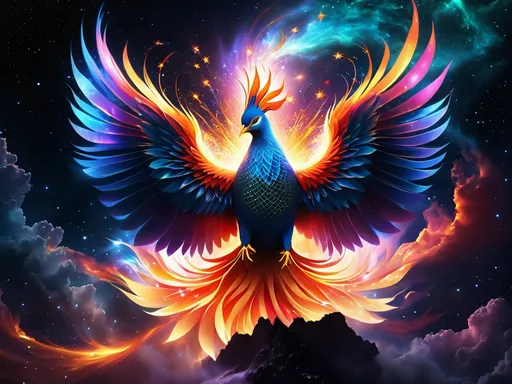 Prompt: a full body phoenix bird is born from a ((mystic mist from the lotus flower)), (((((extremely detailed illustration of a diffuse hallucinating flowers)))) with Its body is a symphony of radiant colors, 8K Ultra HD the birth of stars. Its eyes blaze with cosmic fire, and tendrils of energy arc around its form like ethereal lightning. The phoenix bird's and the ((lotus flower)) presence commands both awe and trust, as it harnesses the power of the cosmos itself, Amidst a cosmic maelstrom, where galaxies spiral and stars explode, the phoenix bird reigns supreme, Epic, cataclysmic, and transcendent, evoking the power of celestial forces.Style: Ultra-realistic digital painting with intricate details and a dynamic interplay of colors. Execution: Rendered in a hyper-realistic style, using advanced digital techniques to capture the complex interstellar environment and the phoenix bird's and the lotus flower's celestial energy.