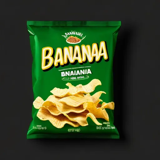 Prompt: a packet of chips with a black background which has green leaf and "banana chips'' images on it


