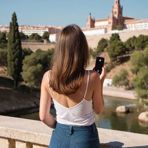 Prompt: girl with brown hair from behind using her phone in spain
 