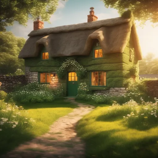 Prompt: English cottage in cozy green grass with warm sunlight