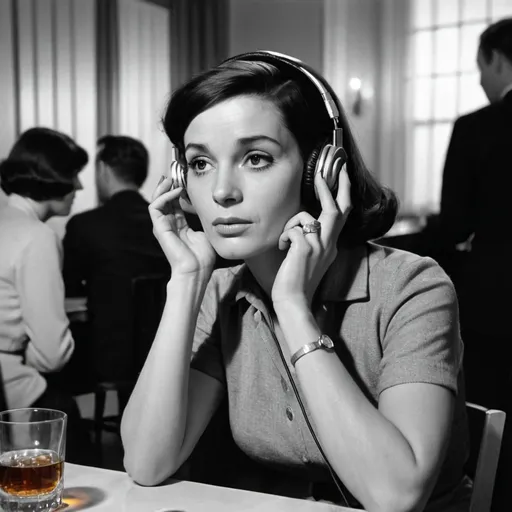 Prompt: A lady listening to music with headphones on at a table.  There is a glass of whiskey on the table and she has a cigarette in her hand whilst staring into space.  Her facial expression suggests her mind is blown. Black and white.  1960s. 