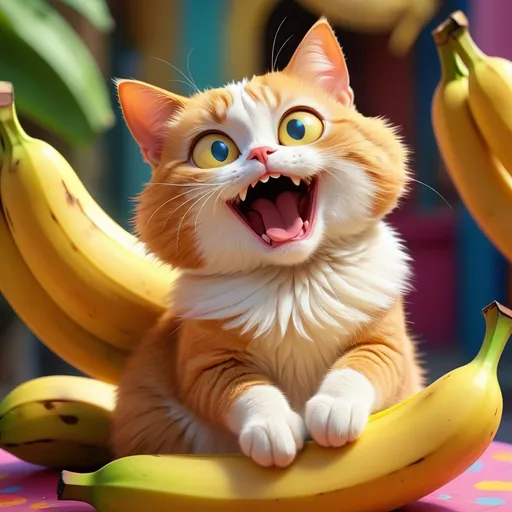 Prompt: (obtuse cat sitting impatiently), lively large banana dancing with twinkle in it's eyes colorful and whimsical scene, cheerful ambiance, vivid colors, playful expressions, quirky character design, dynamic motion of the banana, soft focus background, hints of a sunny day, ultra-detailed, HD quality, cartoonish style, enchanting atmosphere.