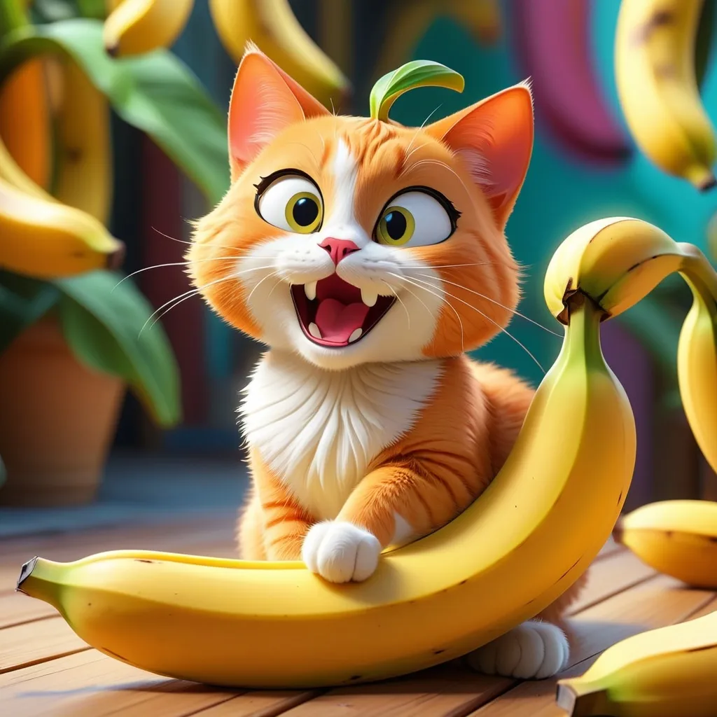 Prompt: (obtuse cat sitting impatiently), lively large banana dancing, colorful and whimsical scene, cheerful ambiance, vivid colors, playful expressions, quirky character design, dynamic motion of the banana, soft focus background, hints of a sunny day, ultra-detailed, HD quality, cartoonish style, enchanting atmosphere.