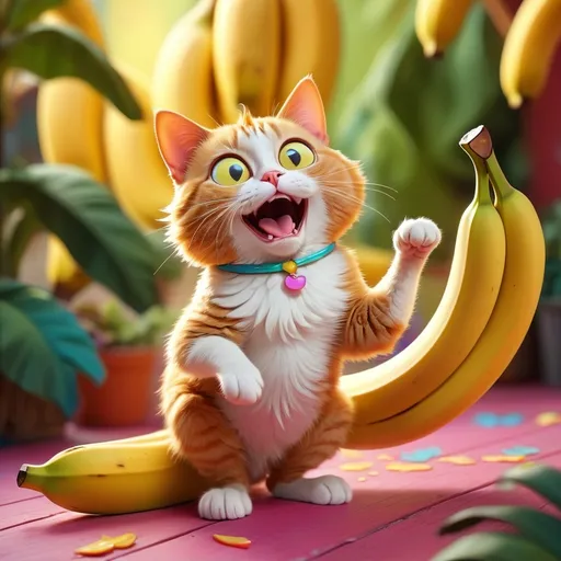 Prompt: (obtuse cat sitting impatiently), lively large banana dancing with twinkle in it's eyes colorful and whimsical scene, cheerful ambiance, vivid colors, playful expressions, quirky character design, dynamic motion of the banana, soft focus background, hints of a sunny day, ultra-detailed, HD quality, cartoonish style, enchanting atmosphere.