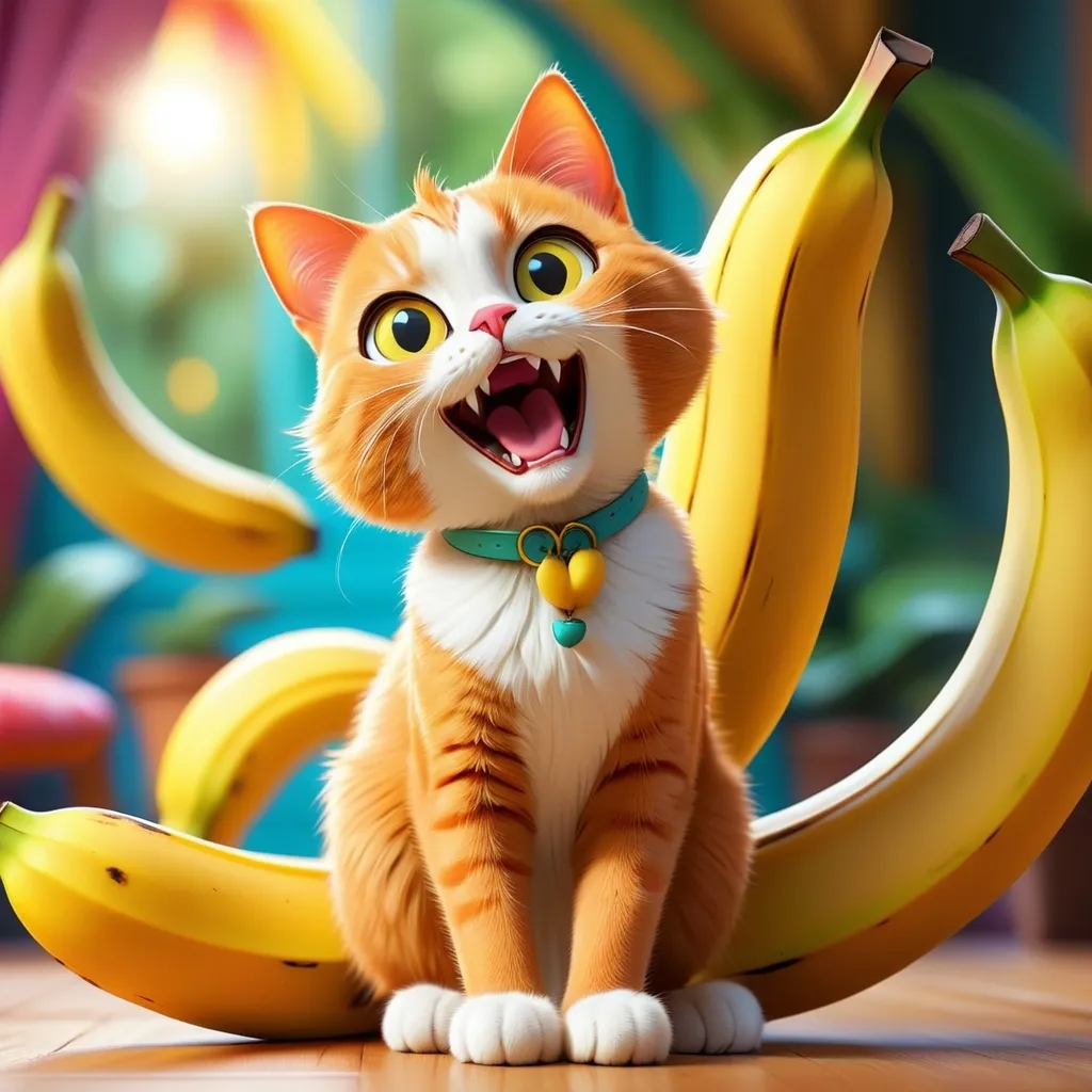 Prompt: (obtuse cat sitting impatiently), lively large banana dancing, colorful and whimsical scene, cheerful ambiance, vivid colors, playful expressions, quirky character design, dynamic motion of the banana, soft focus background, hints of a sunny day, ultra-detailed, HD quality, cartoonish style, enchanting atmosphere.