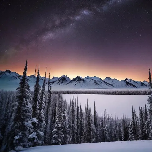 Prompt: sunrise snow forest Alaska landscape dark night