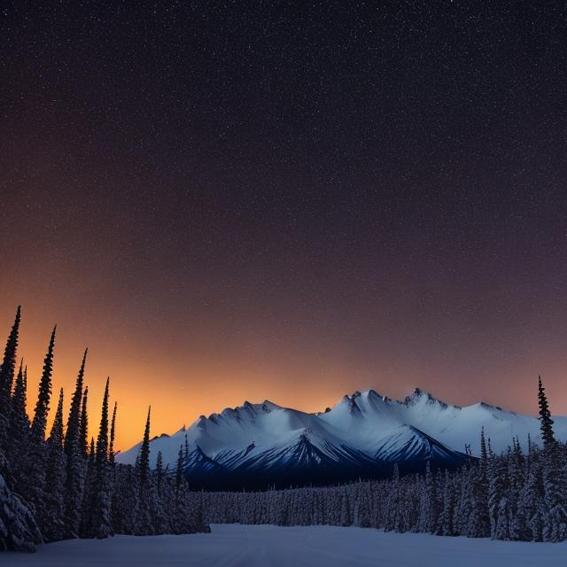 Prompt: sunrise snow forest Alaska mountains dark night