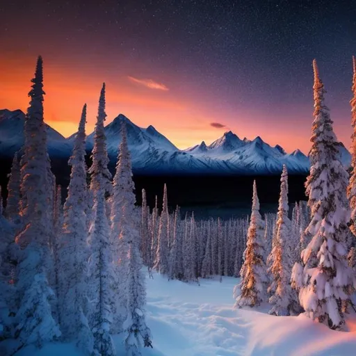 Prompt: sunrise snow forest Alaska mountains dark night