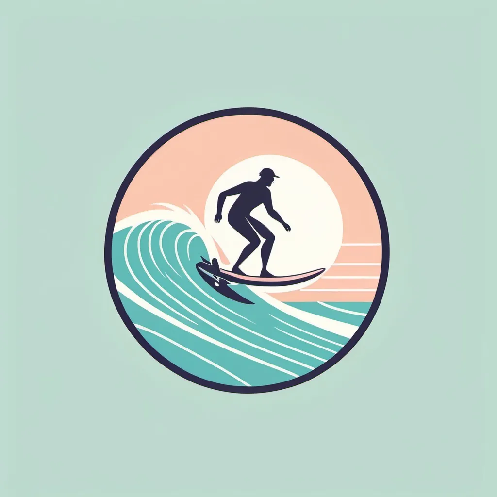 Prompt: a minimalist logo design, pastel colors and a retro aesthetic, a surfer surfing