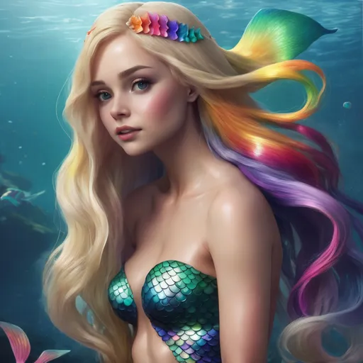 Prompt: A realistic beautiful mermaid with long blonde hair, and a rainbow colored tail.
