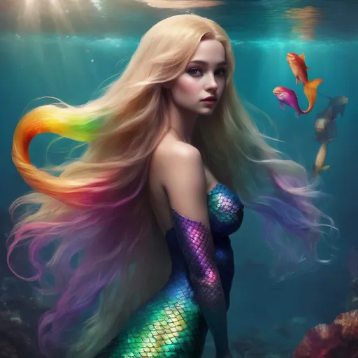 Prompt: A realistic beautiful mermaid with long blonde hair, and a rainbow colored tail.
