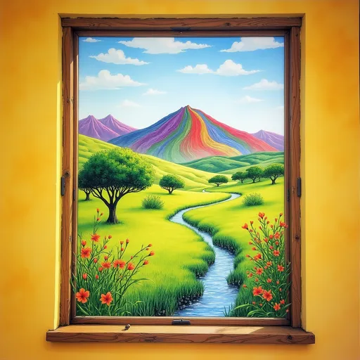 Prompt: Surreal watercolor, dreamy and vibrant. View from inside yellow-walled bedroom window. Outside: bright green savanna with swaying grass, a bubbling creek, and rolling hills. In the distance, Rainbow Mountain, striped with wildflowers from purple to red.