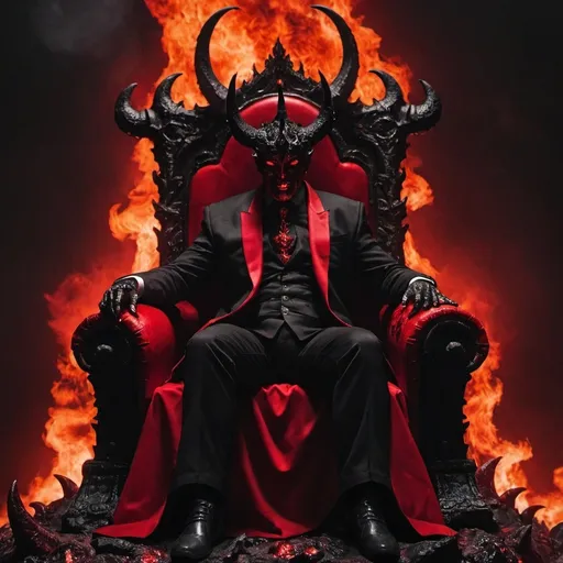 Prompt: the inferno lord sitting on a throne in hell in a black and red suit
