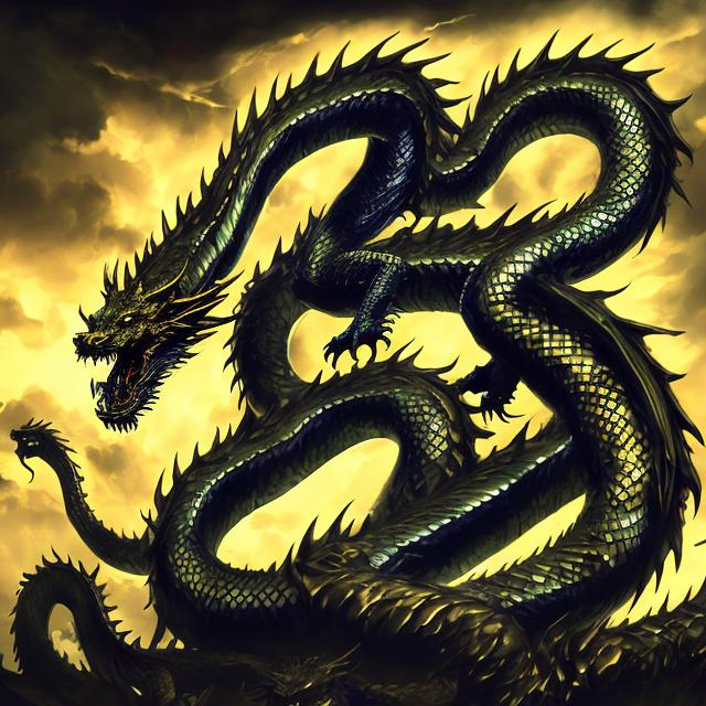 Prompt: Fantasy illustration of a shadow-infested golden dragon, evil, two serpentine bodies, piercing golden eyes, bold colors, detailed, intense stare, sinister vibe, best quality, ultra-detailed, dark tones, detailed eyes, digimon, fantasy art, intense lighting