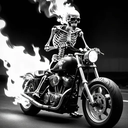 Prompt: Black and White with no background Badass Motorcycle Skeleton on fire