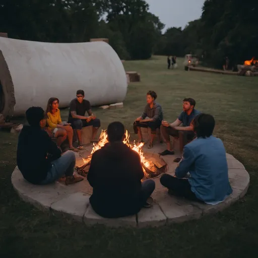 Prompt: people sitting around a fire